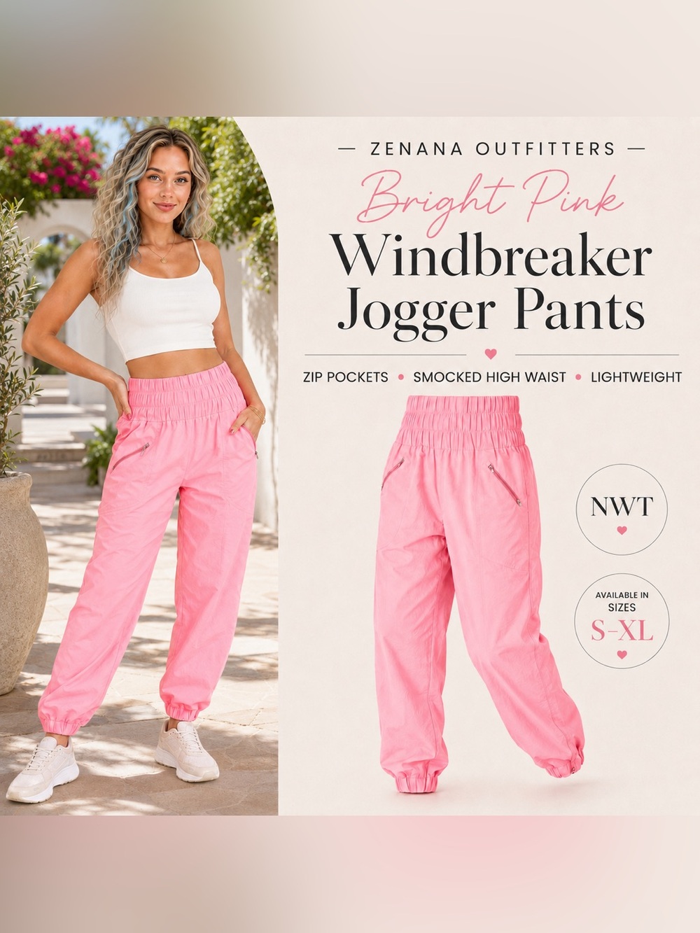 Windbreaker Jogger Pants with Zip Closure Side Functional Pocket Bright Pink